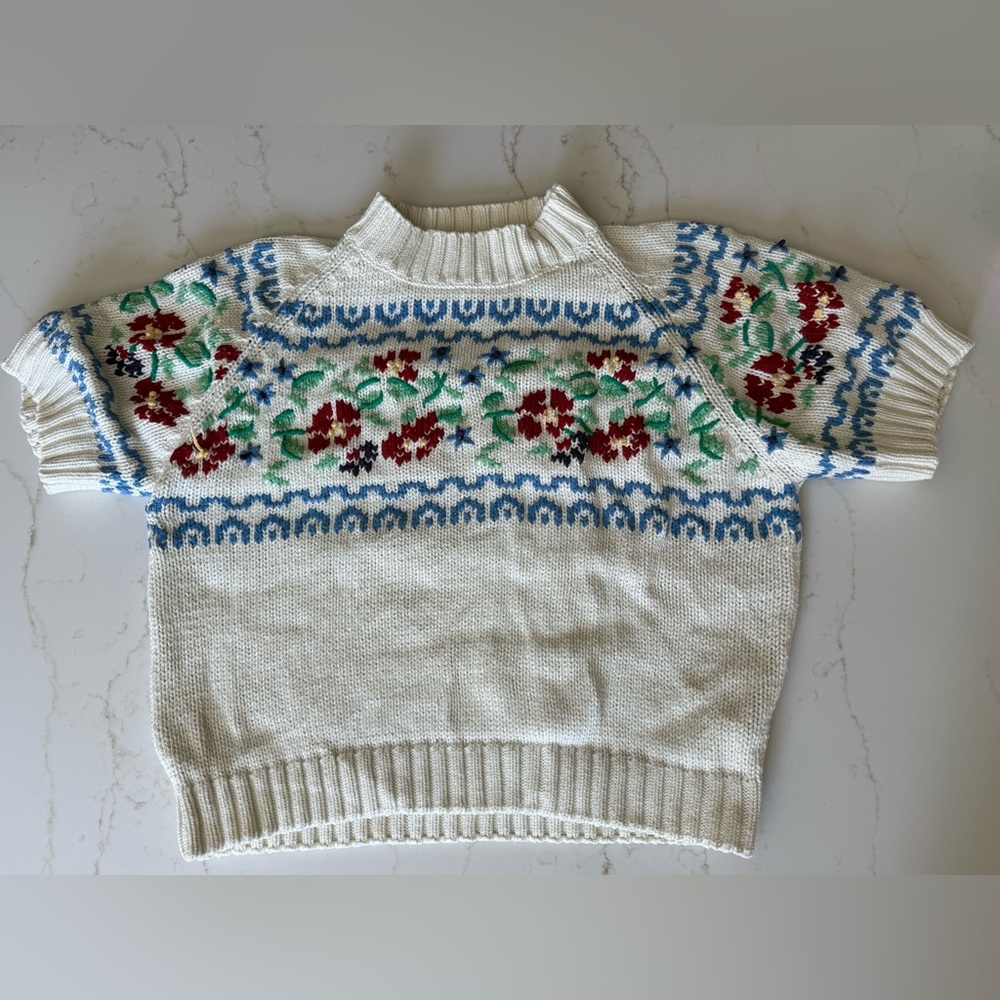 Vintage Eddie Bauer White Floral cotton short sleeved Sweater